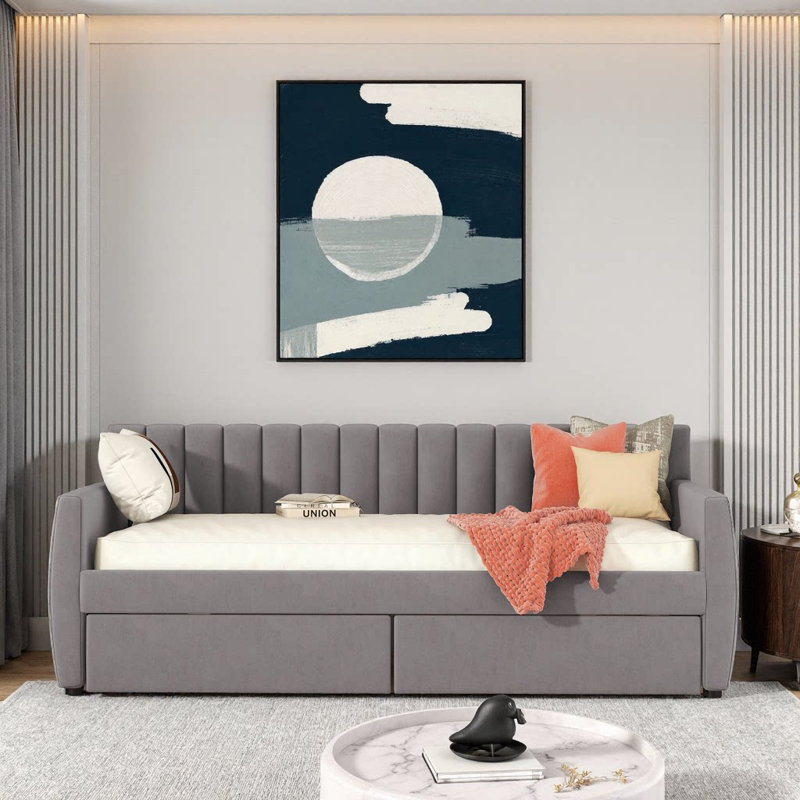 Lit de jour simple en velours moelleux avec tiroirs de rangement et support en lattes de bois Dream Haven, Grey