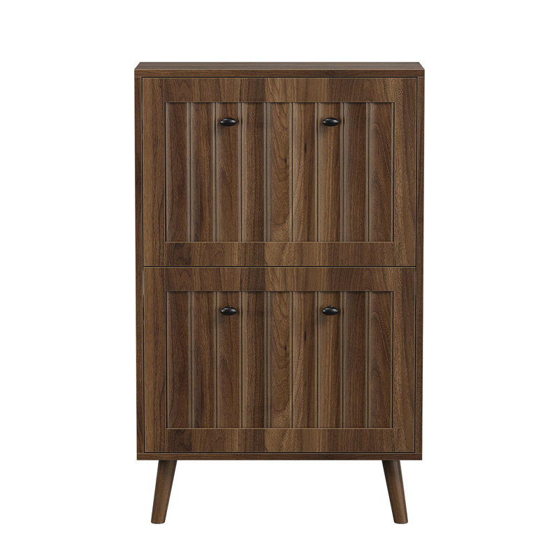 Medieval-Style Modern Shoe Cabinet, Upright Shoe Storage Unit With Vertical Grooved Finish, 23.6-Inch Walnut-Colored Shoe Cabinet, Suitable For Hallways, Passageways And Entrances.