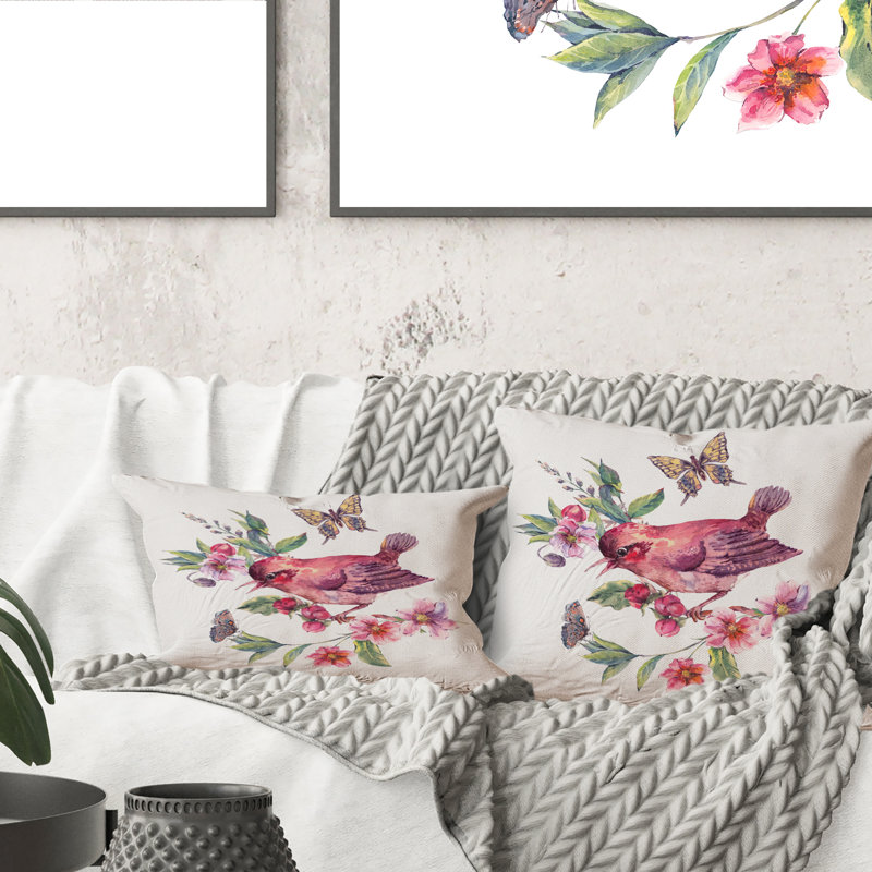 Coussin décoratif imprimé oiseau sur une branche en fleurs I