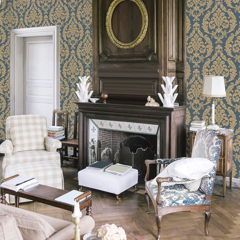 Palazzo 2 Silk Damask Wallpaper Roll, Blue/Gold