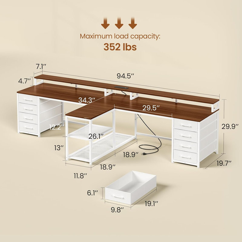 Bureau de jeu 94,5 po pour 2 personnes, bureau d'ordinateur long avec 8 tiroirs et lumières DEL, Brown/White