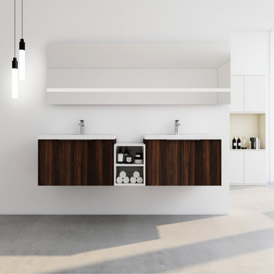 Meuble-lavabo de 72 po avec lavabo et portes à fermeture douce Moura, armoire 30 po et 12 po, armoire murale à fermeture moderne en noyer, tablettes de rangement supplémentaires