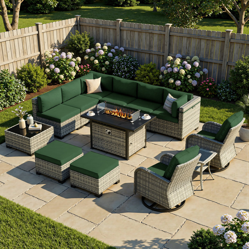 13-Piece Wicker Patio Conversation Set With Fire Pit Table, Modular Sectional, Swivel Rocker Chairs & Ottomans, Forest Green