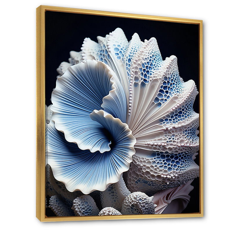 Craita, coquillage bleu, symphonie - coquillage, art mural, H 44 po x l 34 po x P 1,5 po, Cadre flottant doré