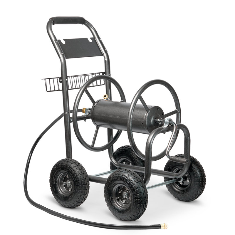 Heavy Duty Black Metal Garden Hose Reel Cart with Pneumatic Wheels