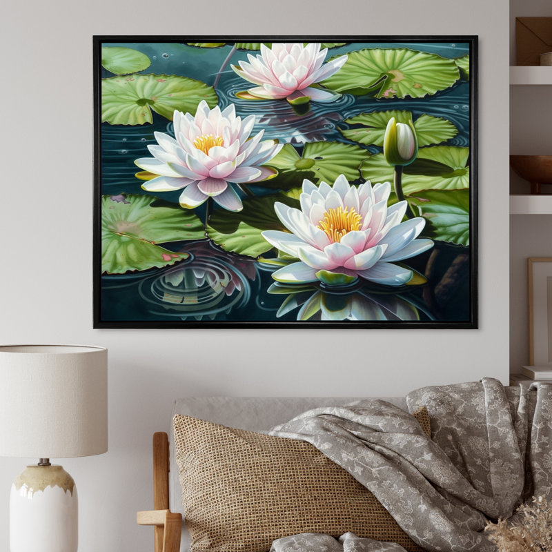 Coussin de lis rose élégant - feuilles florales, impressions sur toile, L 20 po x H 12 po, Cadre flottant noir