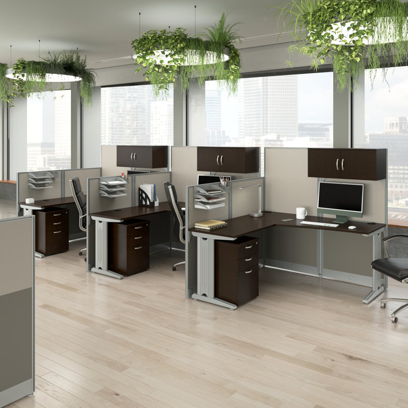 Office In An Hour L-Shaped 3 Person Cubicle with Cable Management, Mocha Cherry