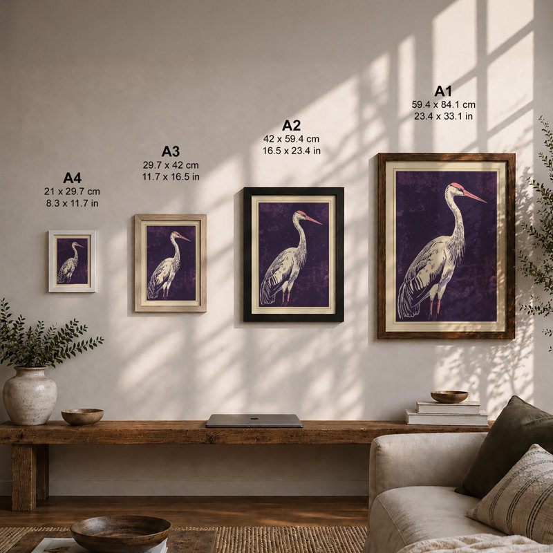Heron in Twilight Japandi - Framed Print, A1 - 84.1 x 59.4 cm, Unframed