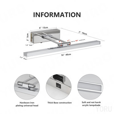 Battery Picture Light, 16 Inch Wireless Picture Light For Painting With Remote,Full Metal Rechargeable Art Light,Wall Sconce Display Lighting For Portrait, Photo Frame,Gallery, (Chrome)