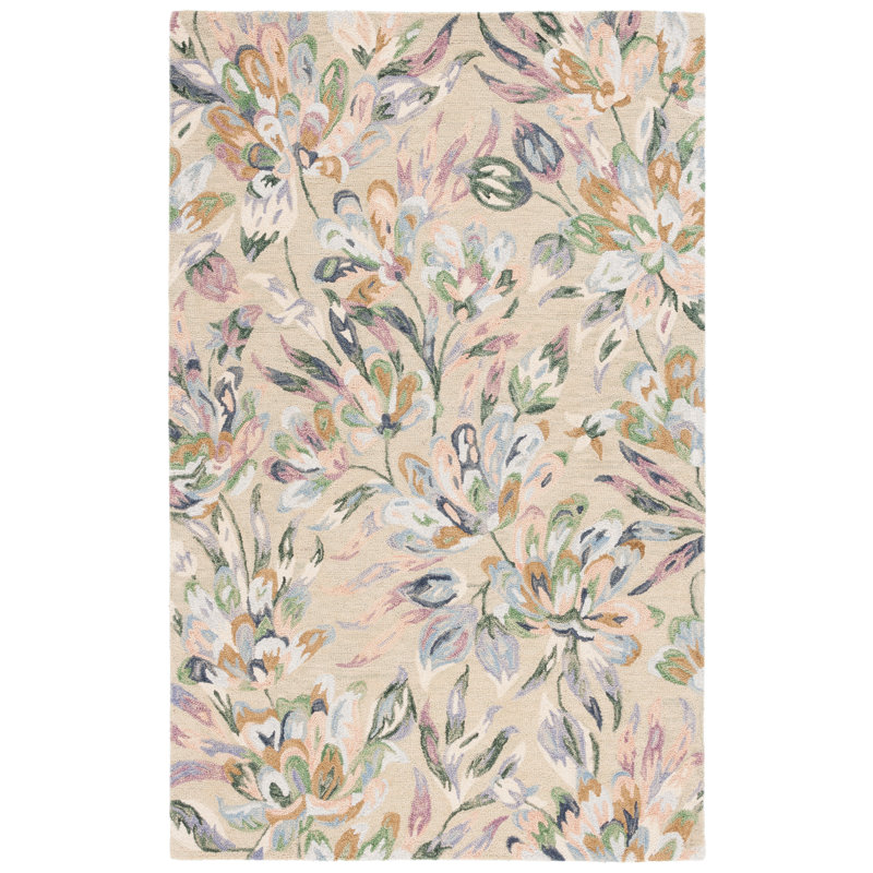 Tapis en laine / coton touffeté à la main Lyia - bleu / vert / beige, Rectangle 9 po x 12 po