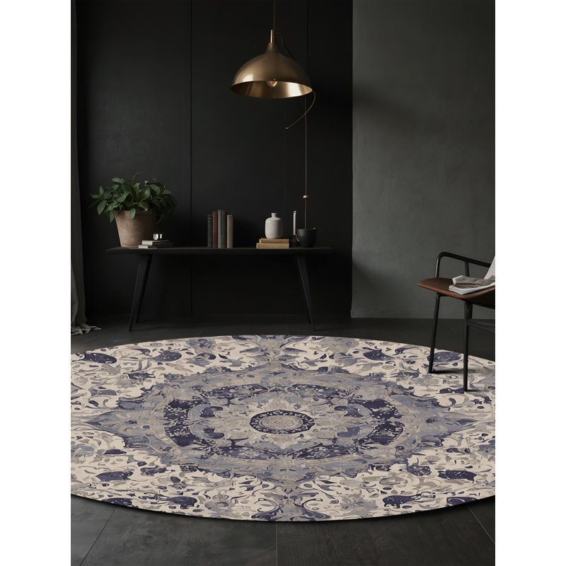 Machine Washable Gray Area Rug, Round 4'