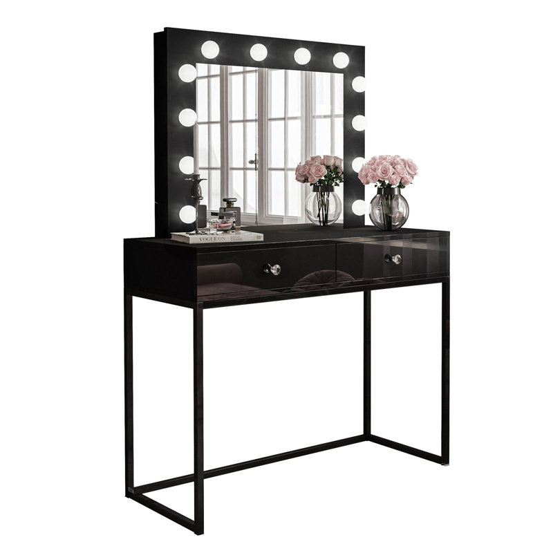 Antaneice Dressing Table with Mirror, Black/High Gloss Black