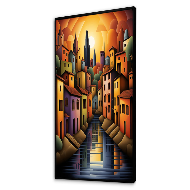 Popart, Italie, paysage, bateau côtier, art mural, Cadre flottant noir, 32" H x 24" W