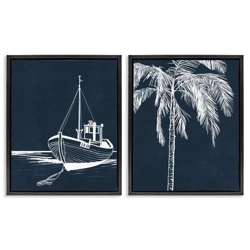 «Blue Boat & Palm», ensemble de 2 toiles flottantes encadrées par Leah Noel Art, H 21 po x l 17 po