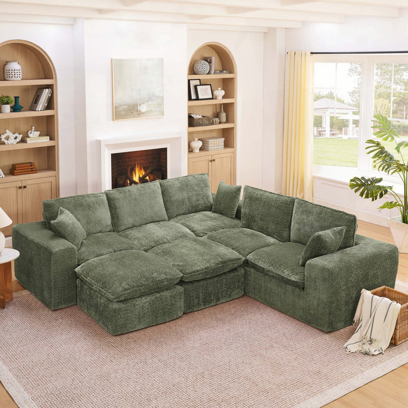 Canapé modulaire en L avec deux repose-pieds Modular Boucle, Vert