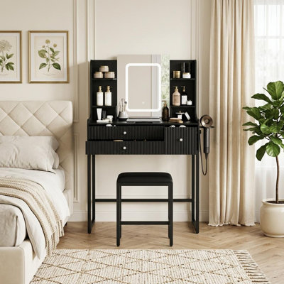 Fluted Makeup Vanity Desk with Mirror, 3 Drawers and 4 Storage Shelves and Lights for Bedroom