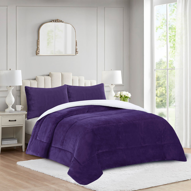 Ensemble d'édredon 3 pièces Micromink Sherpa - Édredon moelleux moelleux avec 2 taies d'oreiller, Mauve