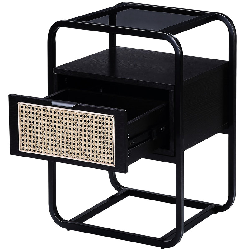 Table d'appoint rectangulaire noire avec plateau en verre trempé et tiroir de rangement