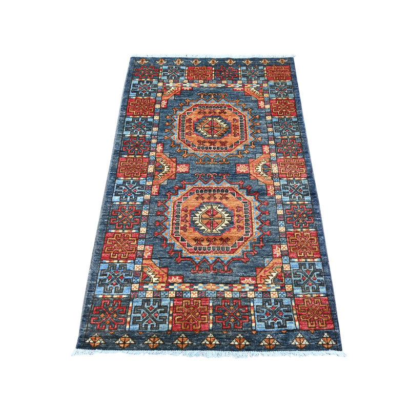 Tapis oriental 3 pi 1 po x 5 pi 1 po gris anthracite, Ersari afghan avec pieds d'éléphant, noué à la main, colorants naturels, tissage dense, laine pure, tapis oriental