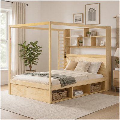 Structure de lit à baldaquin en bois pleine grandeur avec tête de lit bibliothèque, prises USB et lumières à DEL intelligentes RVB, lit plateforme avec casiers de rangement sous le lit, tiroir de pied de lit et support de suspension réversible, blan