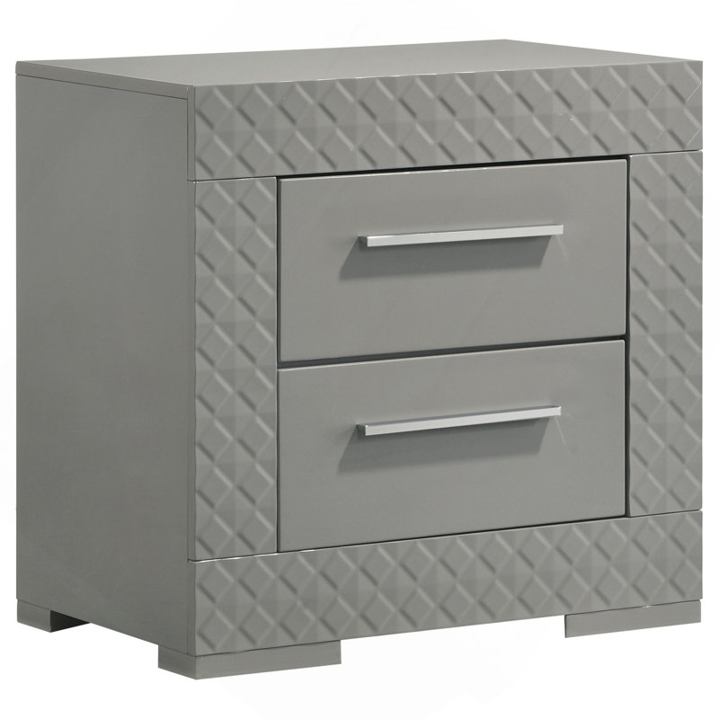 Pierce Grey High Gloss 2-Drawer Nightstand Bedside Table, Grey