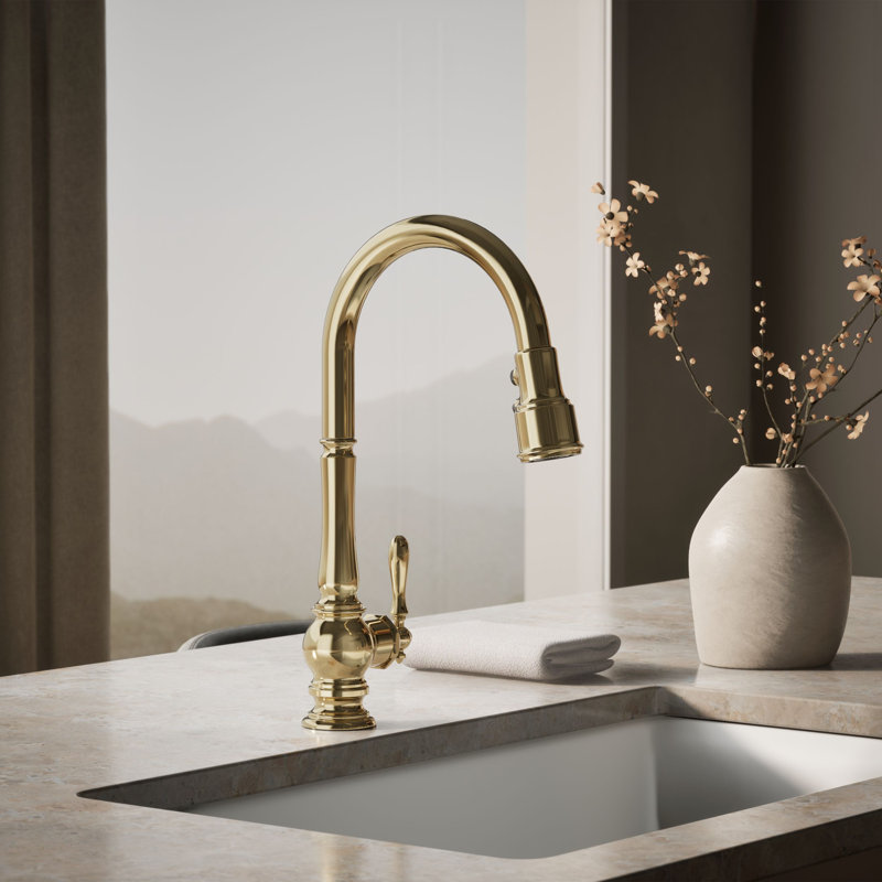 Artifacts Pull Down Single Handle Kitchen Faucet, Vibrant French Gold
