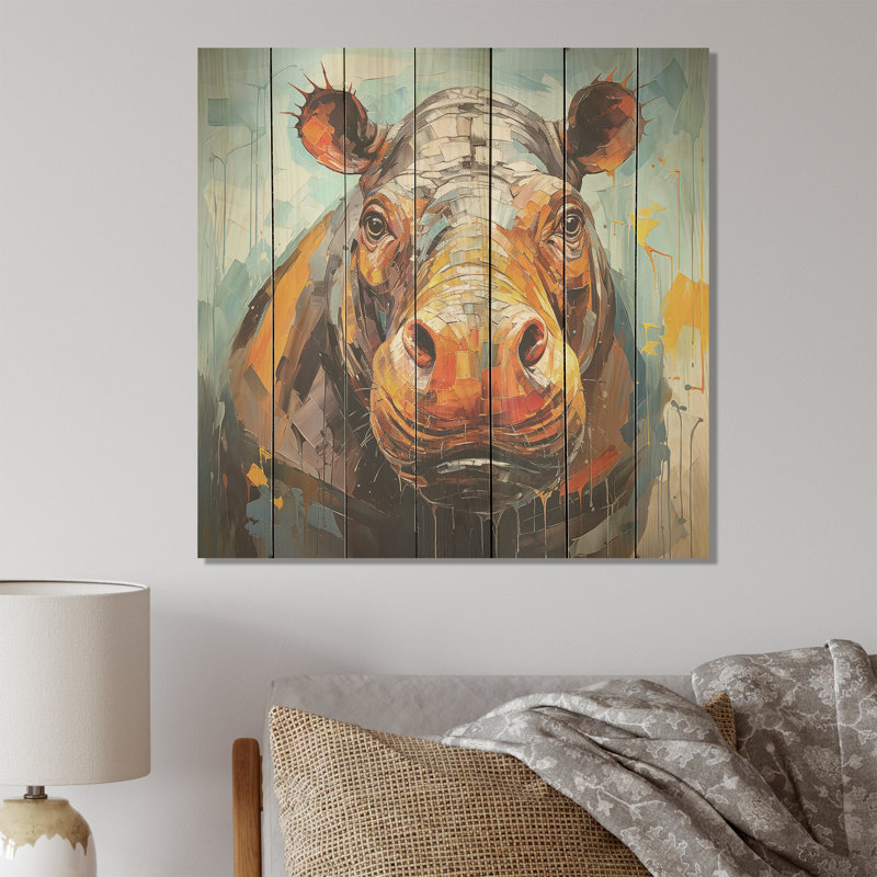 Hippo Harmony I - Hippopotamus On Wood Print, 15" H x 15" W