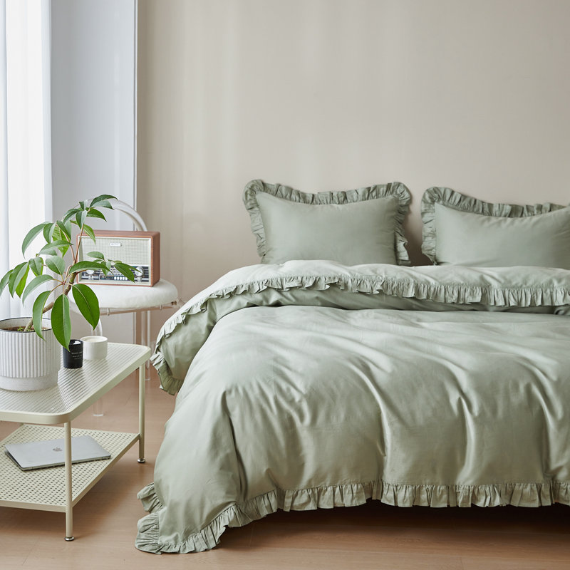 100% Organic Cotton Duvet Cover Ruffle Set, Full / Double Duvet Cover + 2 Standard Pillowcases, Sage Green