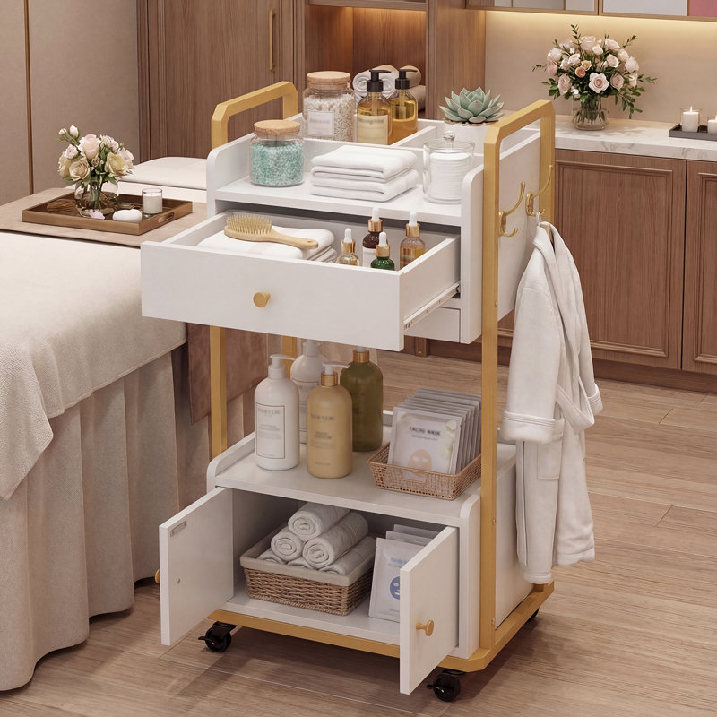 2-Tier Potable Station Rolling Cart with Locking Wheel, Mobile Storage for Salon, Spa, Office, Barber Shop, White