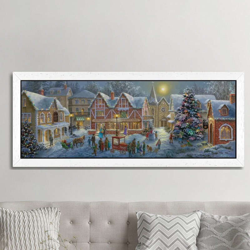 Christmas Village by Nicky Boehme - Panoramic Painting on Canvas, 182.88 cm H x 60.96 cm W, White Framed