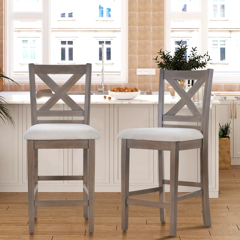 Fabiola 25'' X-Back Solid Wood Fabric Upholstered Bar & Counter Stool with Footrest, Light Brown