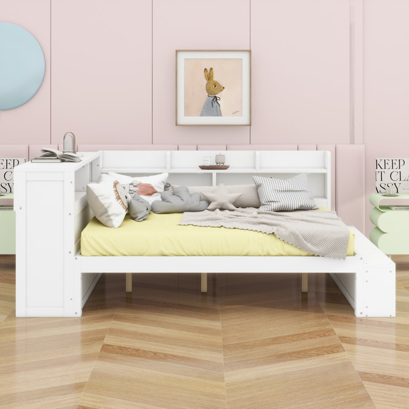 Lit de jour peu encombrant avec tablettes de rangement, armoire à chaussures et ports USB, Blanc