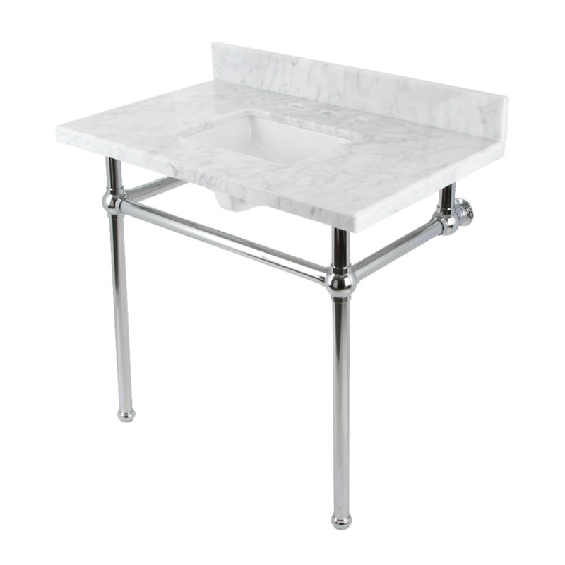 Évier de console Kingston en laiton KVBH3622M8SQ8 Addington de 36 po avec pieds en laiton (8 pouces, 3 trous), blanc marbre / nickel brossé Kingston