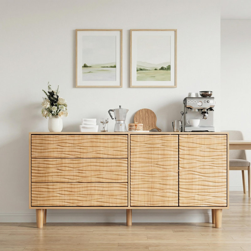 61inch Sideboard Buffet Cabinet, Farmhouse Kitchen Large Cupboard Coffee Bar Storage Cabinet with Adjustable Shelves and 3 Drawers 2 Doors for Living Dining Room Entryway,Teak