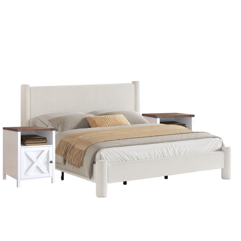 Ensemble de chambre à coucher avec lit 3 pièces Boucle, Blanc, Très grand