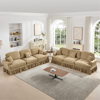 Classic Sleeper Sofa Couch with Flared Arms and Removable Ruffles Pleats Skirts and Spindle Legs,Comfy Modular Sectional Chenille Deep Seat Cloud Sofa Couch with 3 Movable Ottomans,Light Coffee
