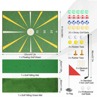 Jeu de golf intérieur et extérieur avec bâton de fer 7, 2 tapis d'entraînement, cible, 20 balles collantes, trou et drapeau – Jeu d'entraînement de golf familial pour les fêtes dans le jardin