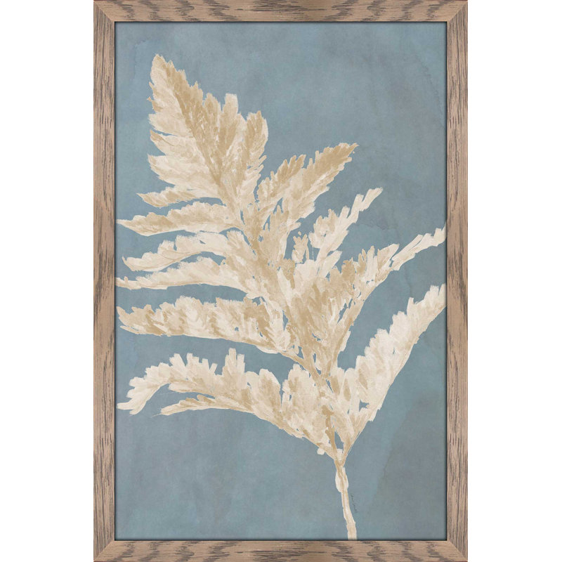 «Tan Leaf on Blue I», reproduction de peinture acrylique sur toile, H 39,5 po x l 27,5 po x P 0,75 po, Cadre taupe délavé