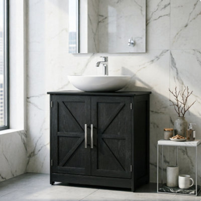 Armoire de rangement à piédestal, armoire de salle de bain Farmhouse avec 2 portes de grange, tablette ajustable, armoire en MDF anti-basculement sans lavabo pour petite salle de bain, noir vieilli
