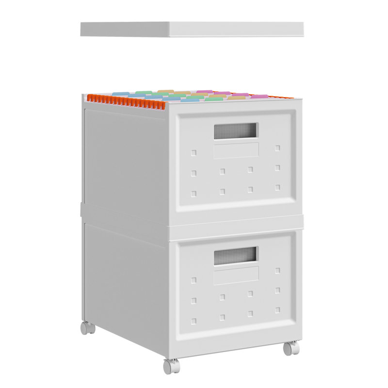 Ensemble de 2 boîtes à dossiers roulantes empilables et pliables avec couvercles et 10 dossiers suspendus, organisateur de rangement en plastique portable ou classeur à roulettes pour la maison ou le bureau