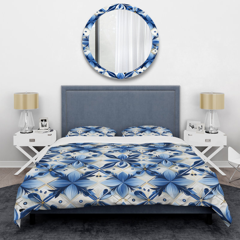 Ensemble de housse de couette géométrique à motif de treillis bleu et blanc I