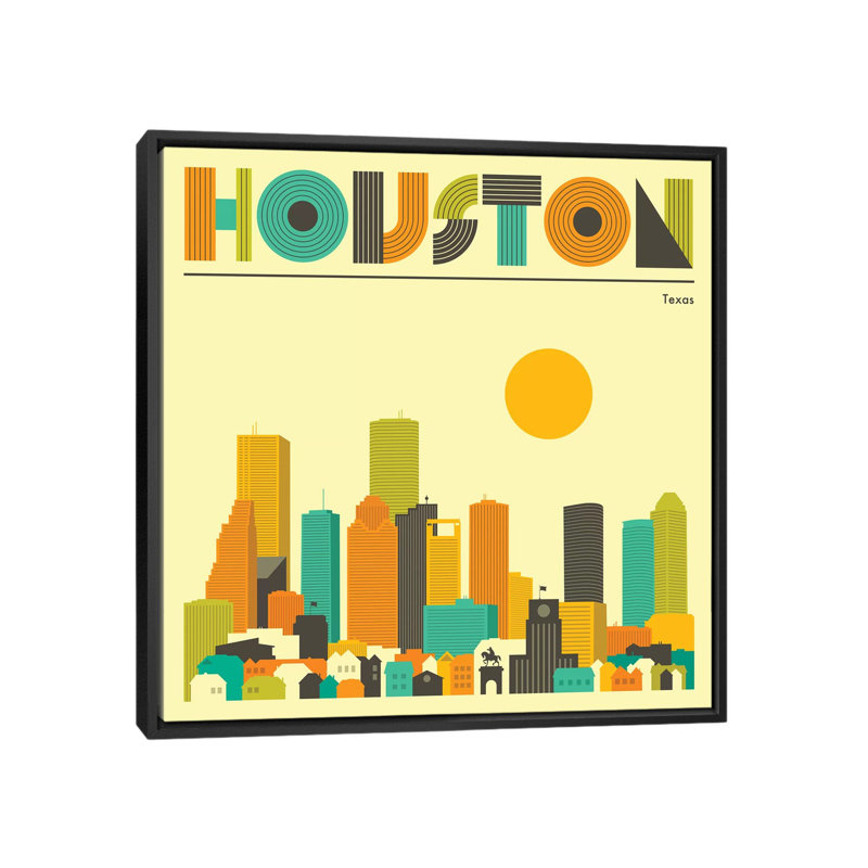 " Houston Skyline " by Jazzberry Blue, 18" H x 18" W x 1.5" D, Black Floater Framed Canvas, No Mat