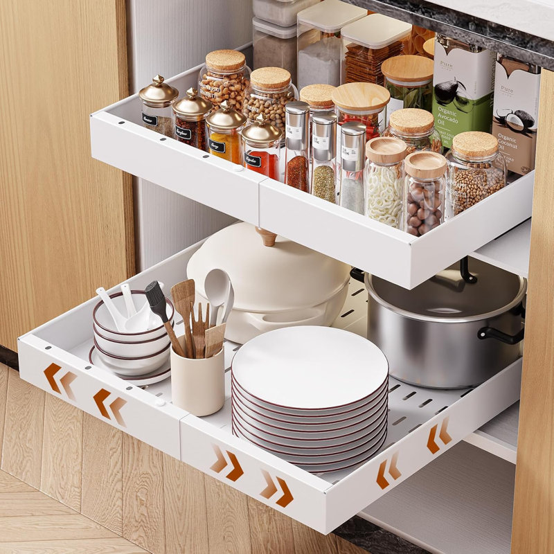 Organisateur de tiroir d'armoire extensible 12,2 po à 20,47 po, tablette coulissante avec glissière à 3 rails pour salle de bain