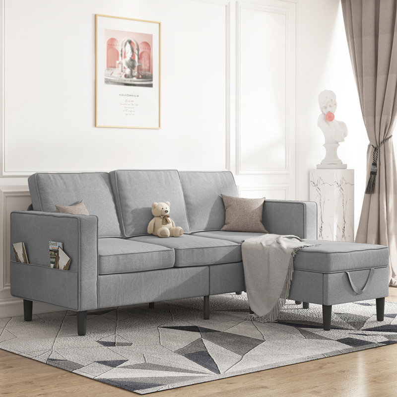 Canapé modulaire en L 78 po avec poches latérales, canapé 3 places en lin avec repose-pieds réversible, gris clair