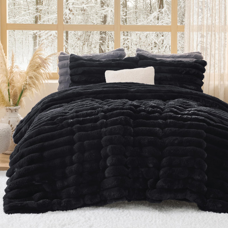 Ensemble d'édredon en fausse fourrure, Édredon très grand + 2 taies décoratives très , Noir