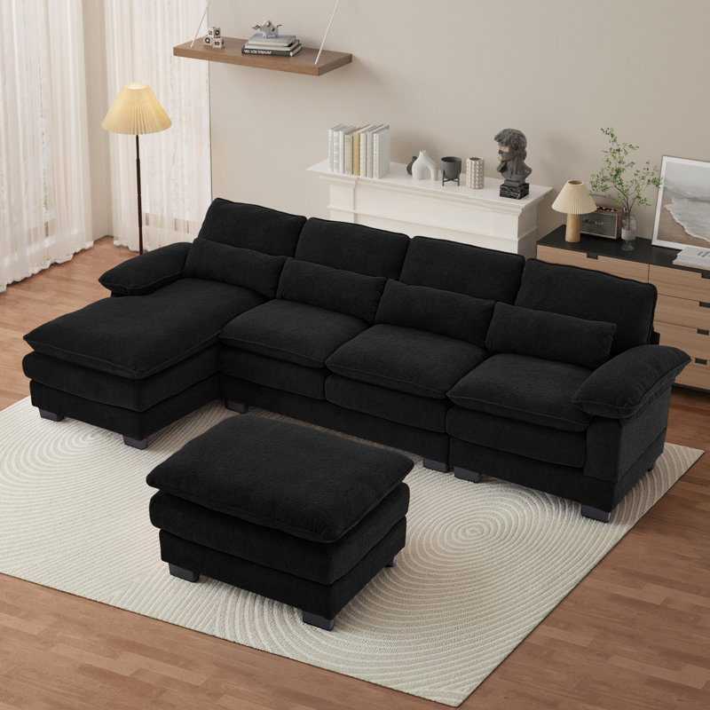  113''W Modern U Shape Sectional Couch Oversized Wide Armrest Sectional Sofa, Black Polyester