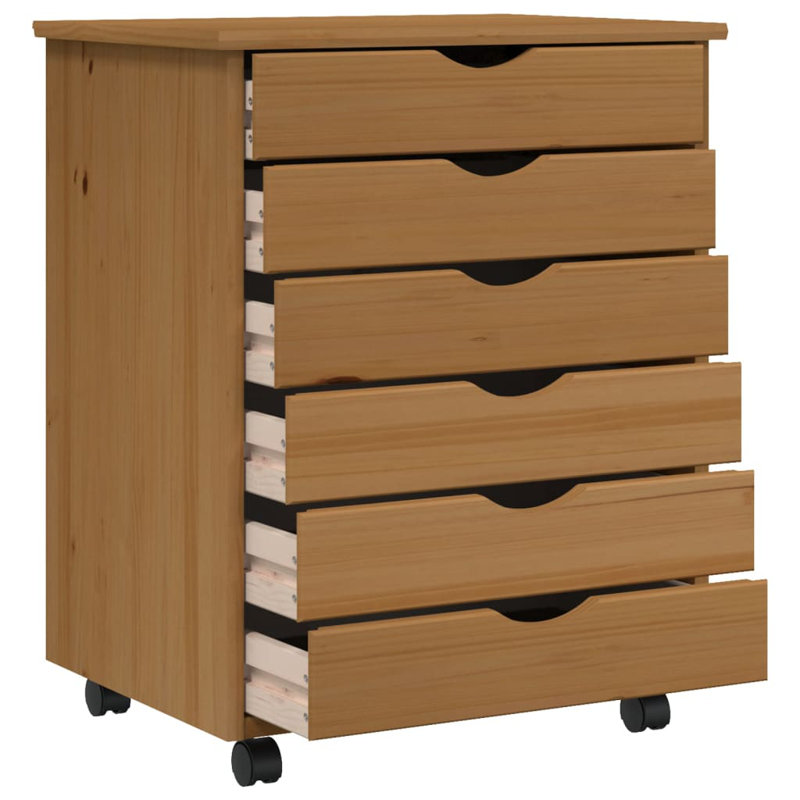 Commode à 6 tiroirs avec roulettes Ladehe Moss, pin massif, Brun miel
