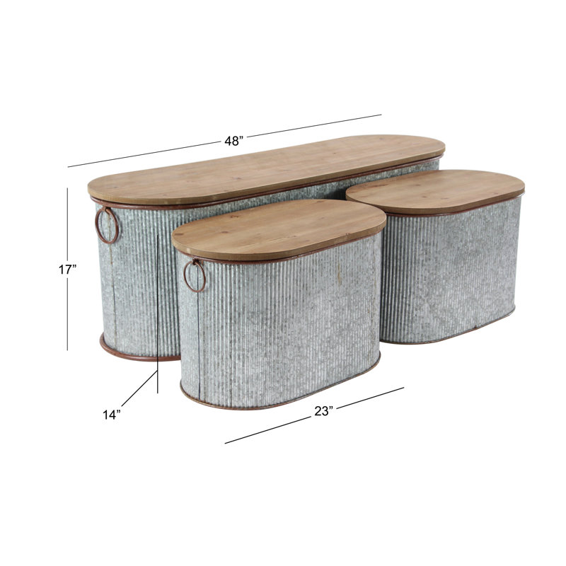 Metal Silver Storage Bench with Brown Wood Top Set