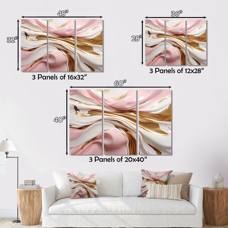 Rose et or liquide Glam Wave III sur toile, reproduction de 3 pièces, H 40 po x l 60 po x P 1 po
