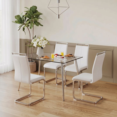 Modern Faux Leather Cantilever Dining Chairs with Chrome Base and Metal Handle (Set of 4)
